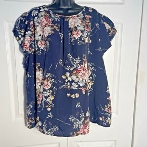 EMERY ROSE Navy Floral Print Blouse Women 5XL Short‎ Sleeve Pleated Neck Flowy